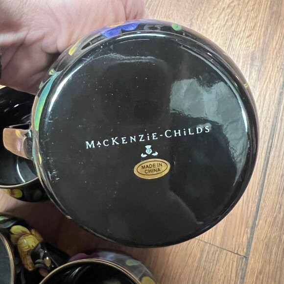 Mackenzie- Childs black floral enamel mugs -set of 4 - Picture 3 of 5